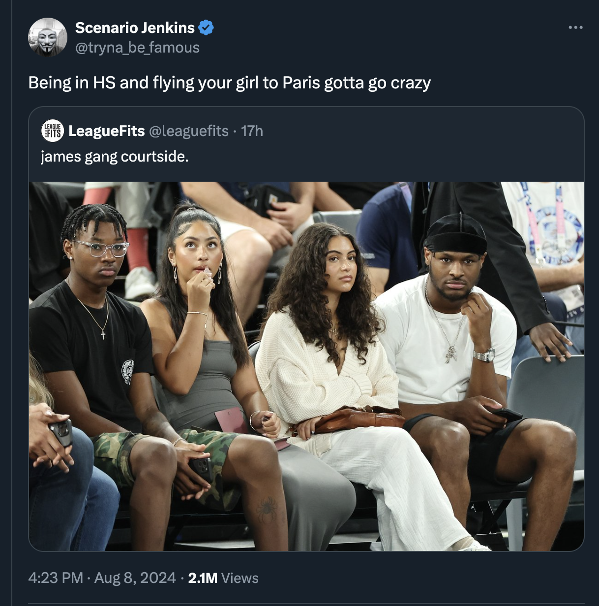 screenshot - Scenario Jenkins be famous Being in Hs and flying your girl to Paris gotta go crazy LeagueFits 17h james gang courtside. 2.1M Views